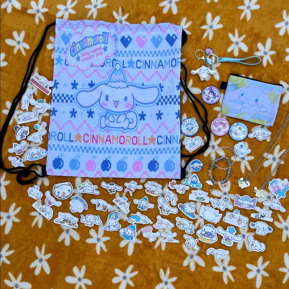 56+pcs CINNAMOROLL Theme Bundle Lot! Drawstring bag, button pins, bracelets, etc